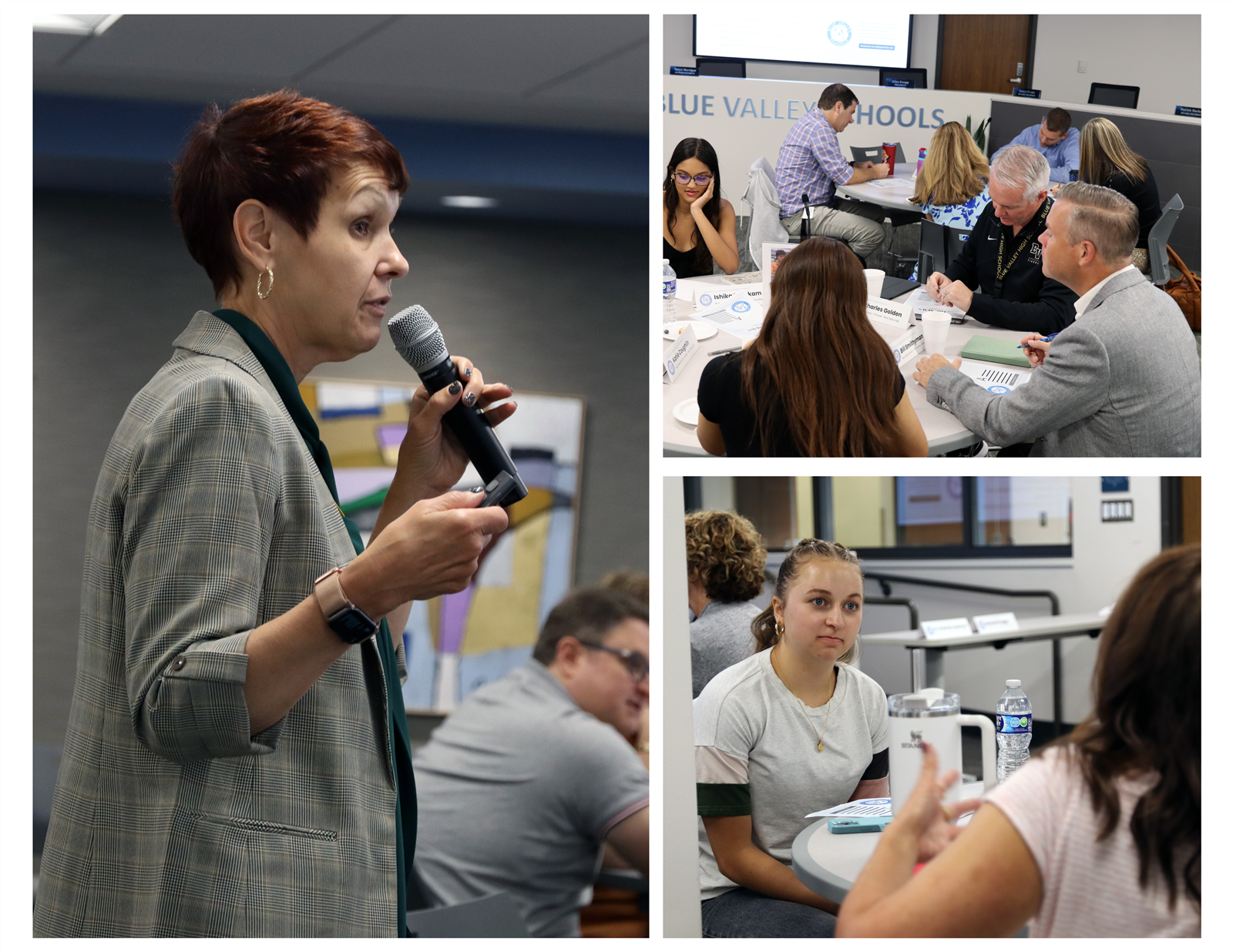 A collage of 3 pictures: Superintendent Dr. Merrigan presenting, a student listening to feedback, and a group of patrons